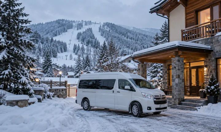 A white transfer minivan outside a snowy guesthouse among Bakuriani's pine trees
