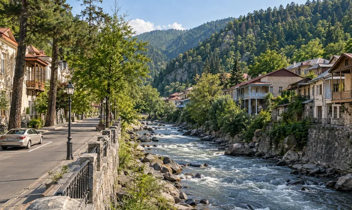 A parked sedan beside a riverside street and wooded valley in Borjomi