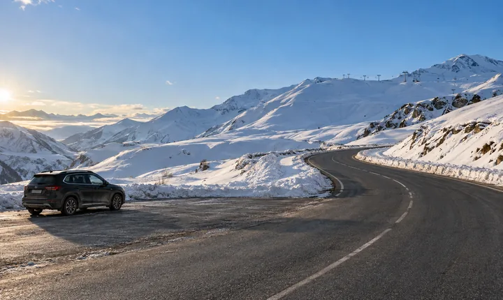 A parked SUV beside a cleared mountain road and snowy slopes near Gudauri