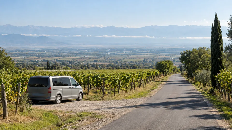 A passenger van beside a quiet lane through green vineyards in Kakheti