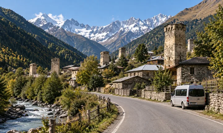 Approach road to Mestia with stone Svan towers, a small passenger minibus and forested Caucasus mountains