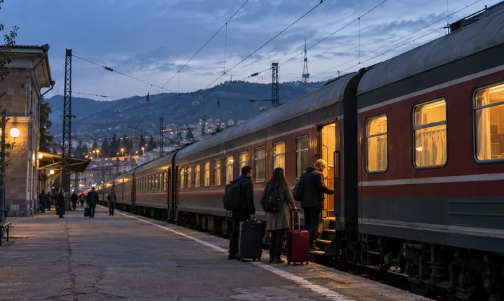 Overnight passenger train with warm-lit windows beside a Caucasus railway platform at dusk