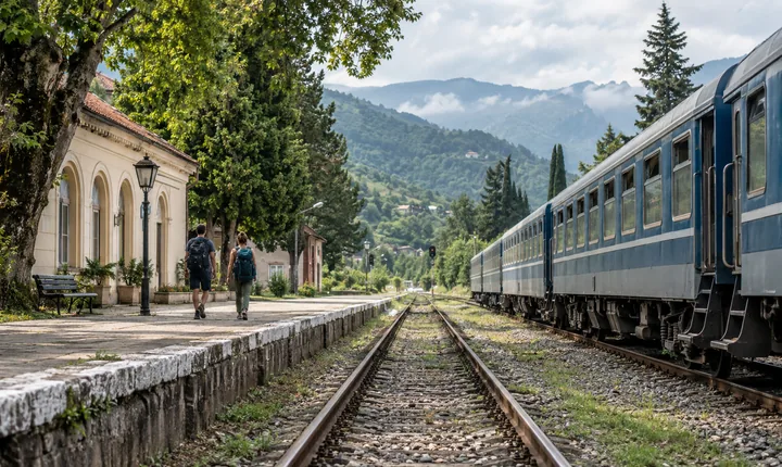 A passenger train and travelers beside a small tree-lined railway station in western Georgia