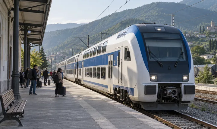 A white and blue double-decker passenger train at a railway platform in Georgia
