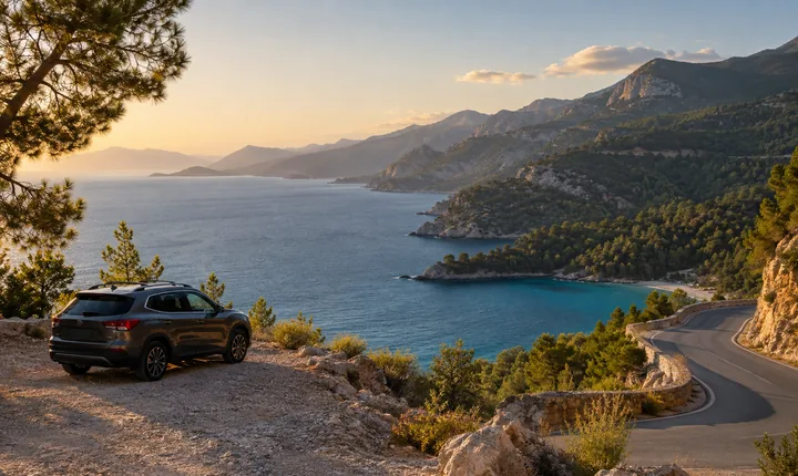 A parked SUV overlooking a winding Turkish Mediterranean coastal road