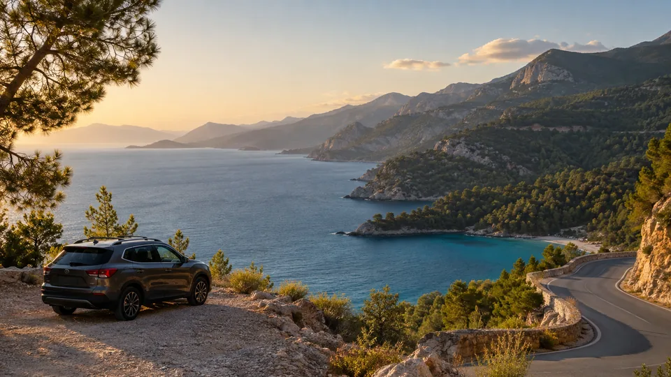 A parked SUV overlooking a winding Turkish Mediterranean coastal road
