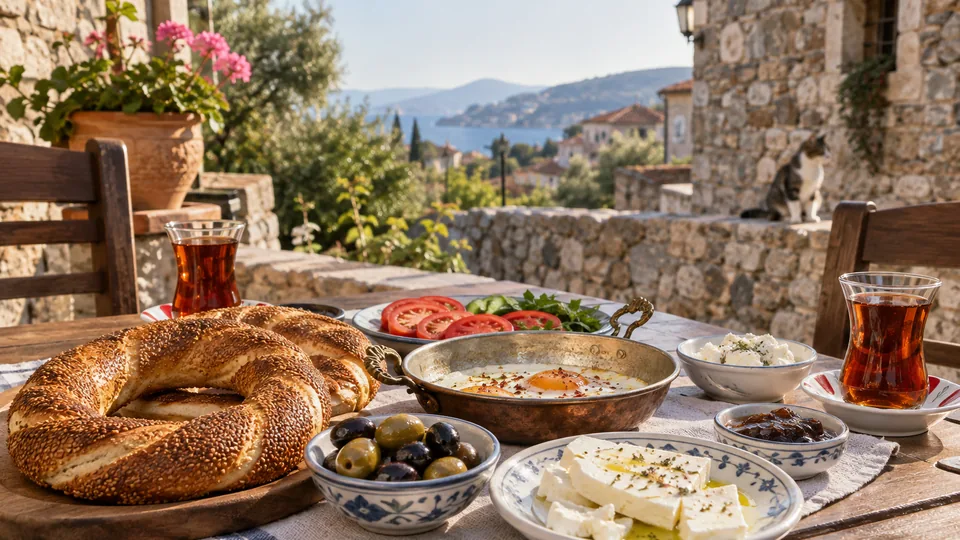 Simit, olives, cheese and tea on a Turkish breakfast table