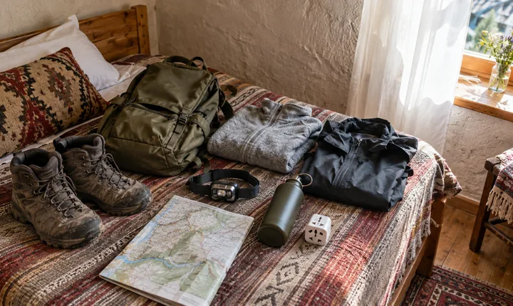 Hiking boots, a daypack, layered clothing and small travel essentials laid out for a trip