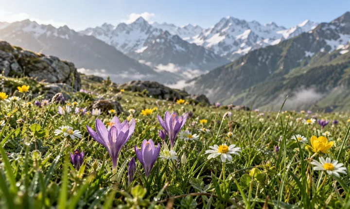 Purple, white and yellow wildflowers in a fresh green Caucasus meadow