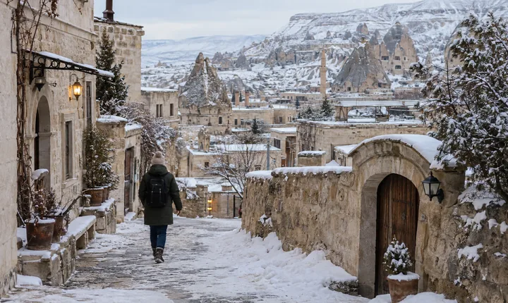 A traveler walking a snowy stone village lane in Cappadocia