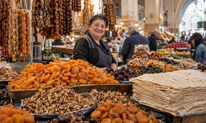 Dried apricots, nuts and lavash bread at a covered food-market stall in Yerevan