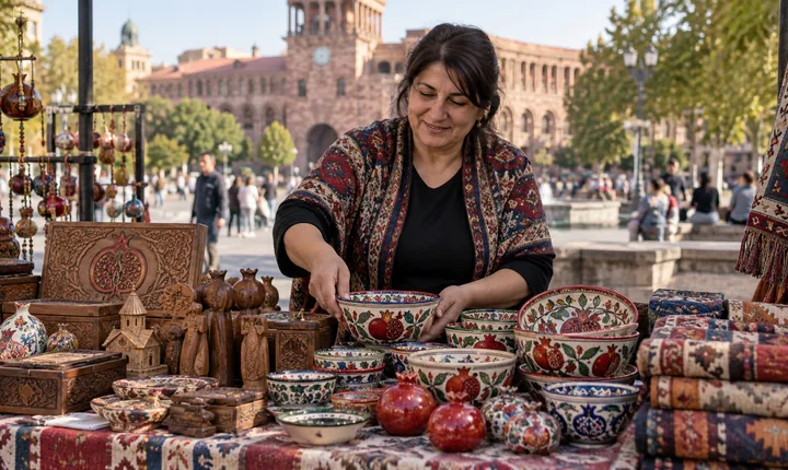 Hand-painted ceramics and woven textiles displayed at an artisan market stall in Yerevan