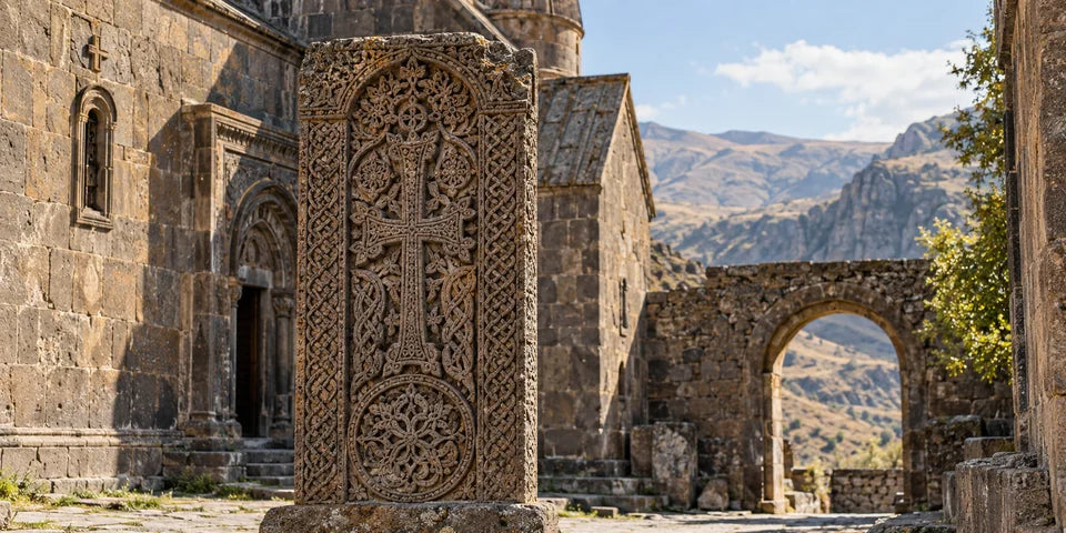 Carved Armenian khachkar cross-stone in a weathered monastery courtyard
