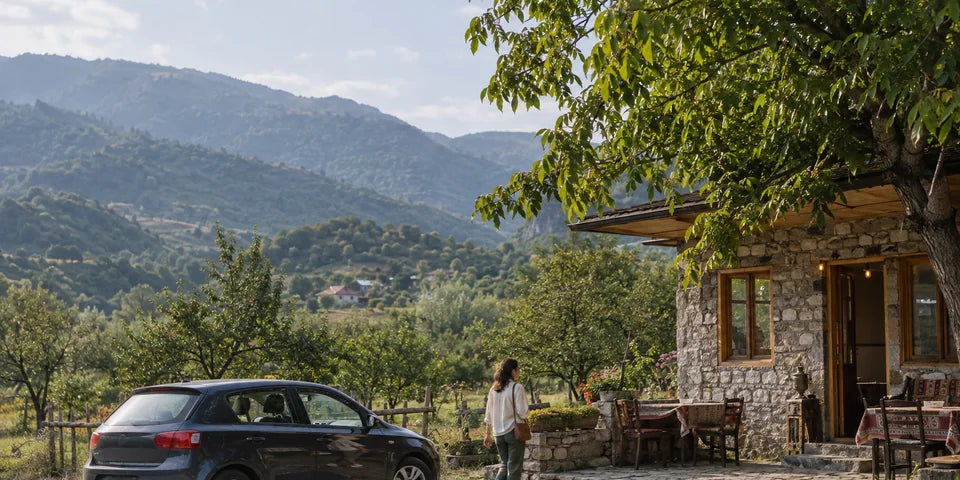 A parked car beside a roadside tea house in wooded Azerbaijani foothills