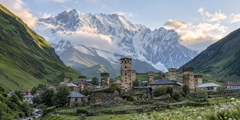 Mittelalterliche Steintürme von Ushguli unter den schneebedeckten Gipfeln von Svaneti