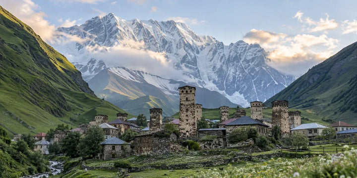 أبراج Ushguli الحجرية من العصور الوسطى تحت قمم Svaneti المغطاة بالثلوج