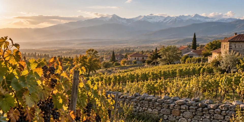 Goldene herbstliche Weinrebenreihen in Kakheti unter den fernen Caucasus-Bergen