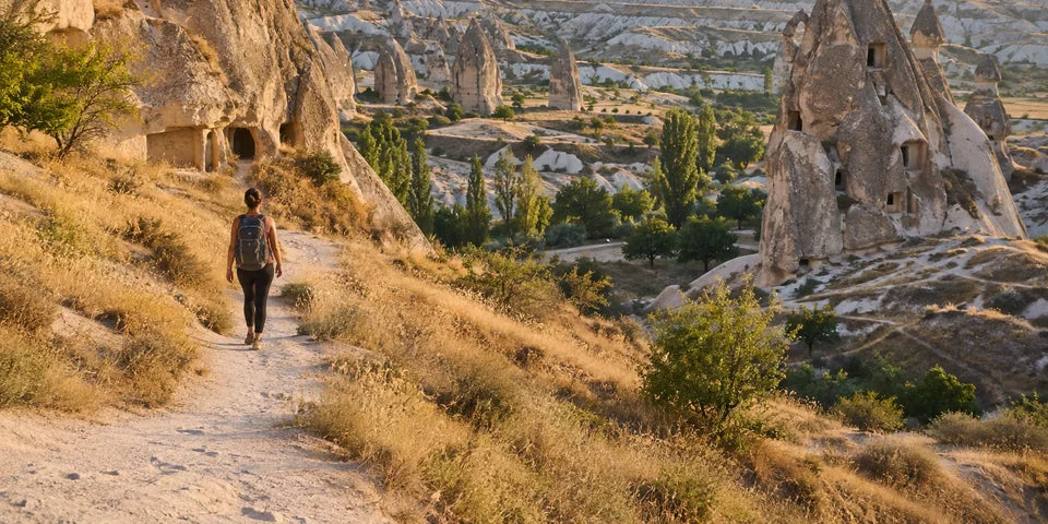 Ein Wanderer folgt einem staubigen Pfad zwischen den Felsformationen von Cappadocia