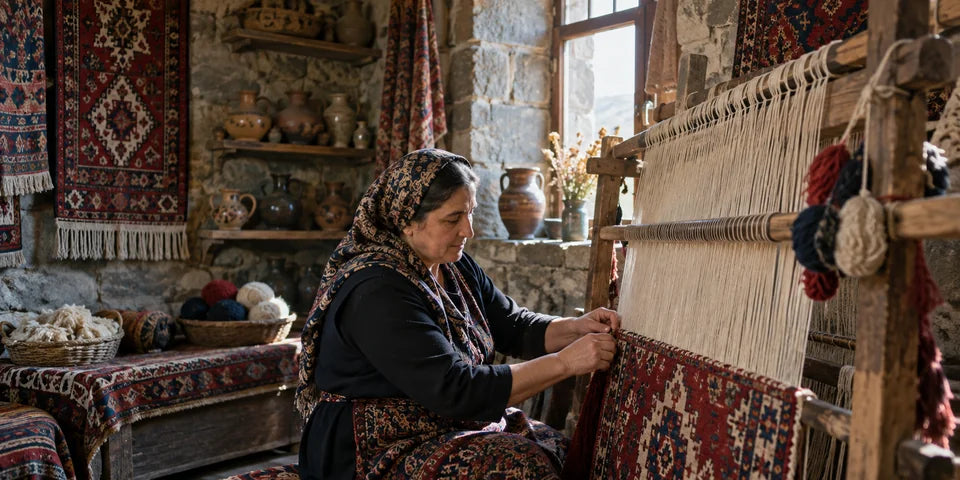 Un artisan tisse un tapis à motifs sur un métier en bois dans un atelier du Caucase aux murs de pierre