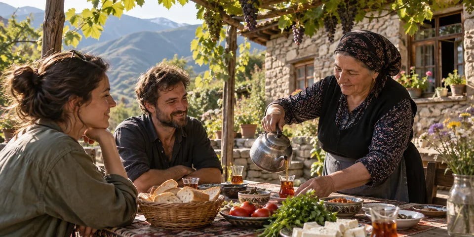 L’hôte d’une maison d’hôtes sert du thé aux voyageurs à une table de jardin garnie de pain, de fromage et de légumes