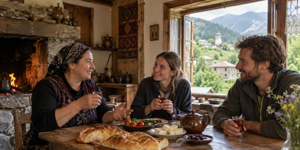 Ein Gastgeber einer Pension und Reisende teilen Brot, Gemüse und Tee an einem hölzernen Esstisch