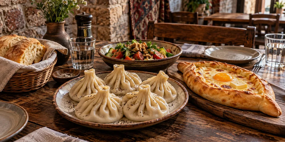 Khinkali-Teigtaschen, adscharisches Khachapuri und frischer Salat auf einem georgischen Restauranttisch