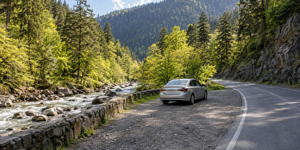 Eine silberne Limousine an einem Halteplatz neben einer befestigten Straße durch ein bewaldetes georgisches Flusstal