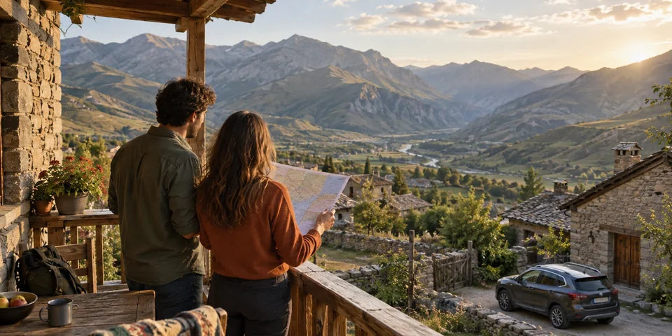 Reisende planen eine Route auf dem Balkon einer Pension mit Blick auf ein Hochlandtal im Caucasus