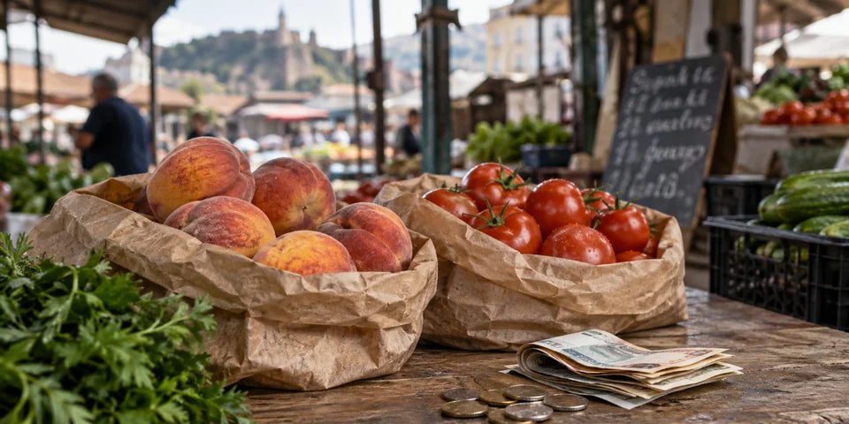 Frische Waren, Münzen und gefaltete Geldscheine auf einem Marktstand in Tbilisi