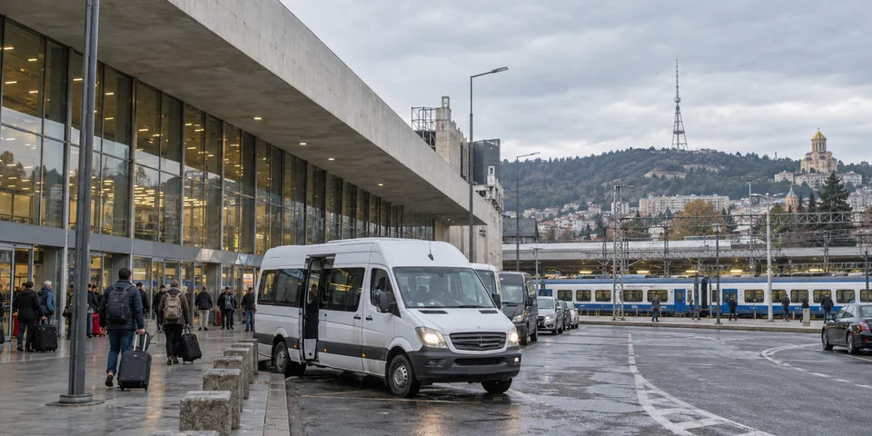 Ein Personen-Kleinbus wartet vor einem georgischen Bahnhof, während Reisende vorbeigehen