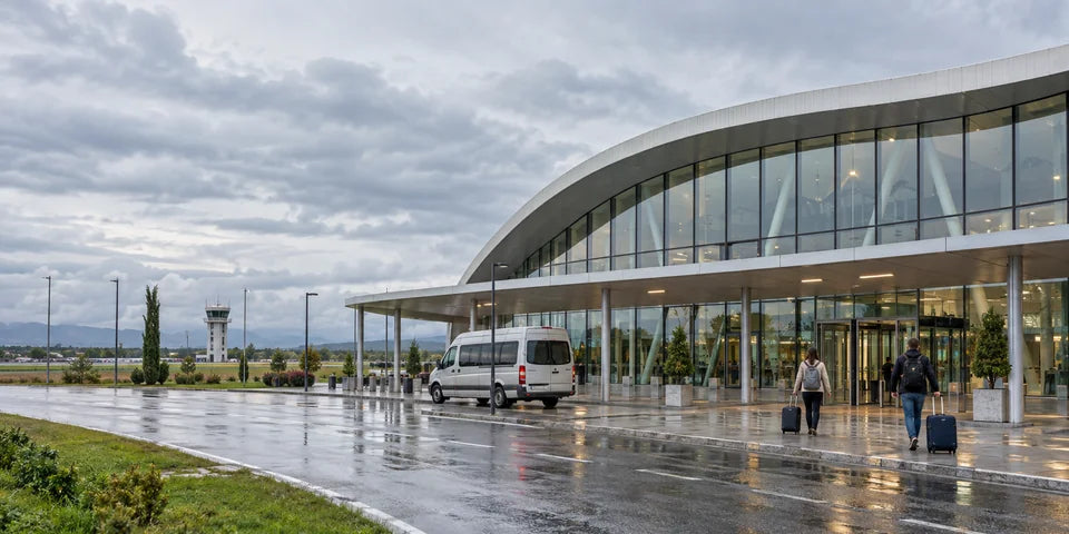 A shuttle van and travelers outside a low airport terminal in western Georgia