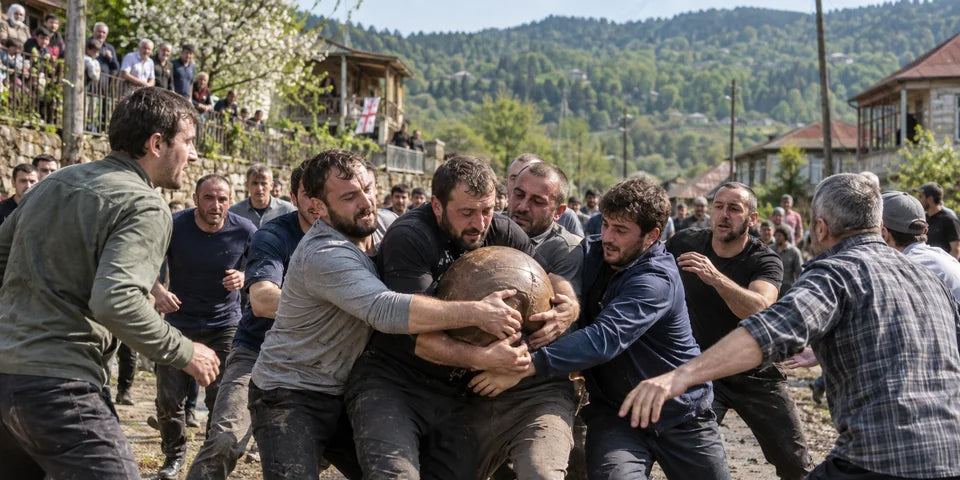 Dorfbewohner versammeln sich um einen großen Lederball beim Lelo Burti-Spiel in Shukhuti, Guria