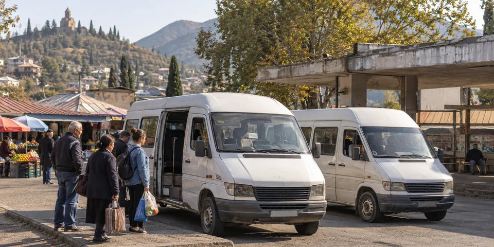 Personen-Minivans und wartende Reisende an einer schlichten georgischen Verkehrsstation