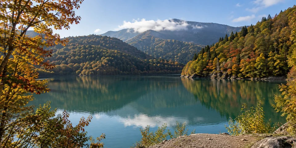 Une forêt aux couleurs d’automne entoure les eaux calmes du lac Shaori en Racha