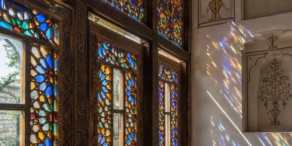 Geometrisches Buntglas und geschnitztes Holz in einem traditionellen Fenster in Sheki
