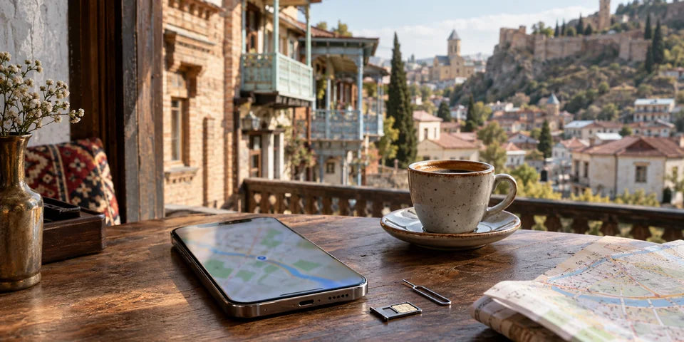 Ein Smartphone, ein SIM-Kartenfach und eine Auswurfnadel neben Kaffee auf einem Cafétisch in Tbilisi