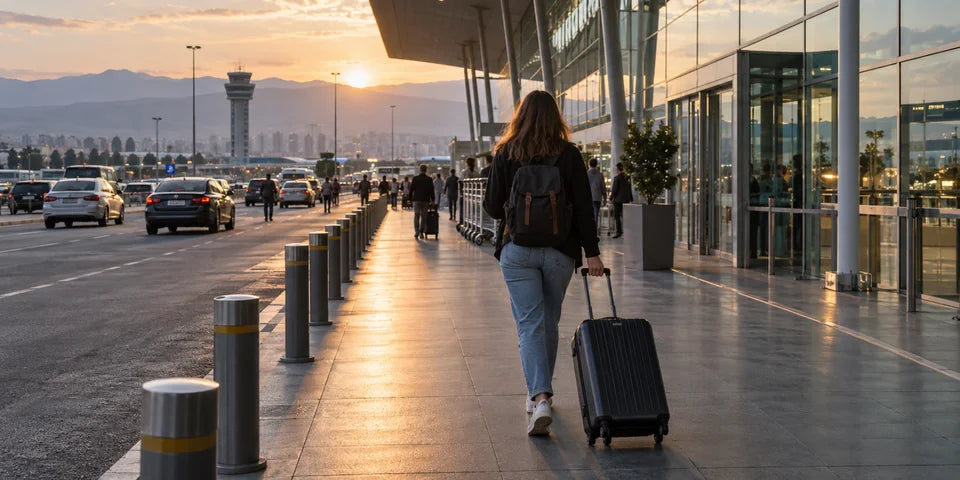 Ein Reisender zieht bei Tagesanbruch einen Koffer vor einem verglasten Flughafen-Ankunftsterminal