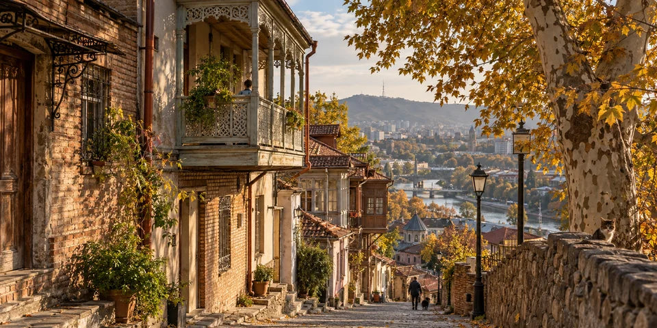 Herbstlaub und warmes Nachmittagslicht in einer Altstadtgasse mit Holzbalkonen in Tbilisi