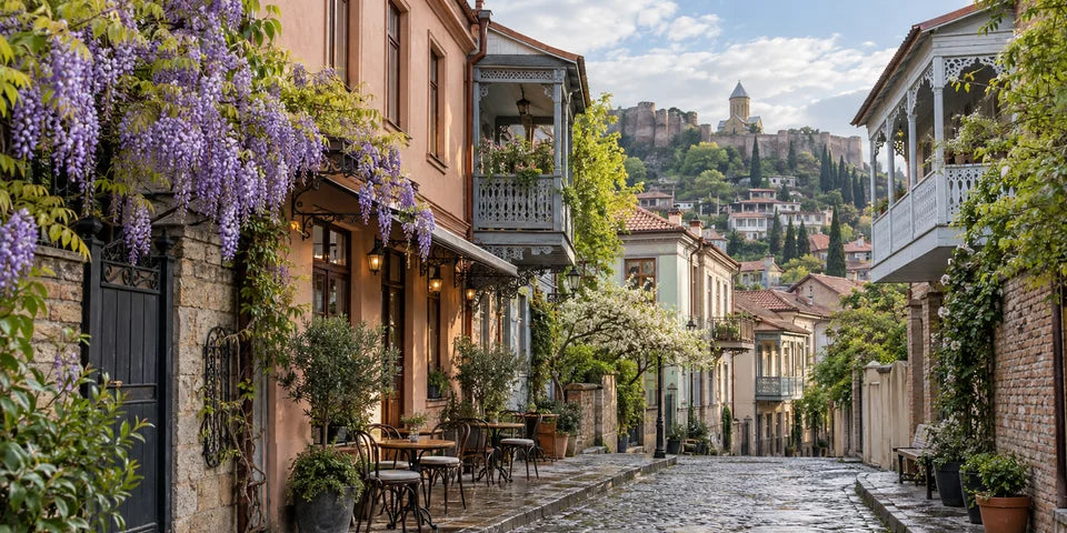 Frische Blüten und Holzbalkone an einer gepflasterten Altstadtstraße in Tbilisi