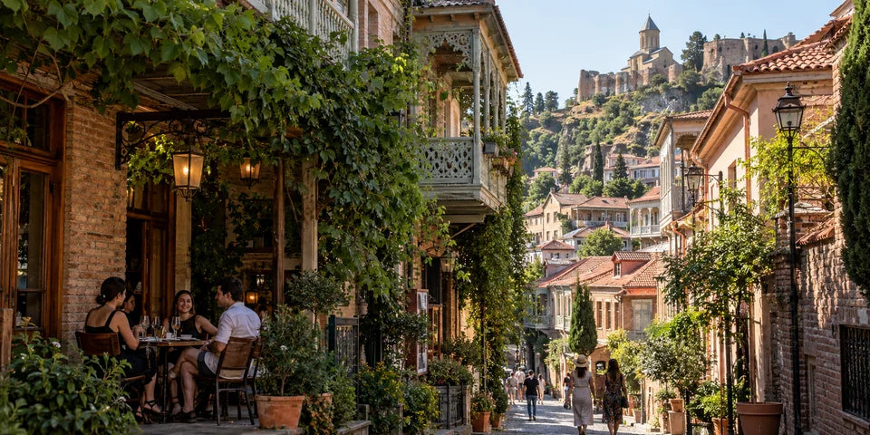 Schattige Altstadtstraße und Caféterrasse unter Holzbalkonen in Tbilisi an einem sonnigen Sommertag