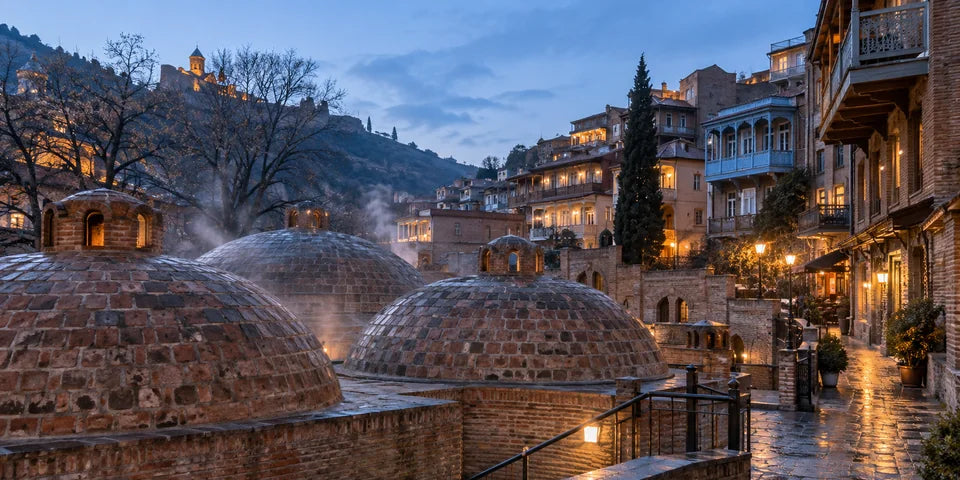 Ziegelkuppeln der Schwefelbäder und warm beleuchtete Altstadtfenster in Tbilisi in der winterlichen Dämmerung