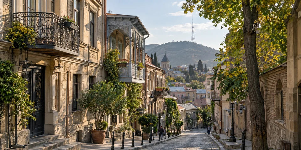 Eine ruhige abschüssige Straße in Tbilisi mit verwitterten Fassaden und verzierten Balkonen
