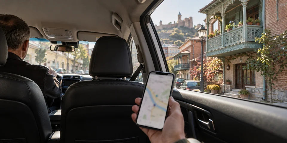 Ein Fahrgast prüft eine Handykarte in einem geparkten Taxi neben den historischen Gebäuden von Tbilisi