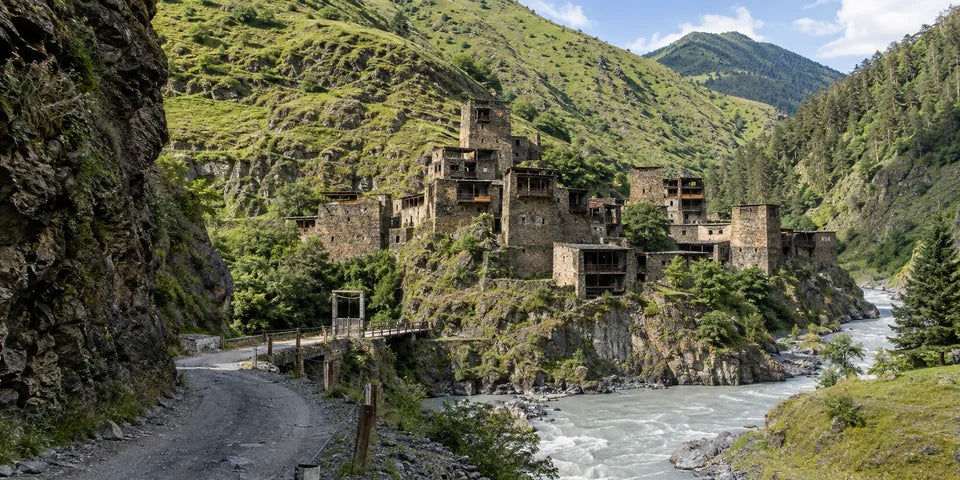 Mountain road entering Shatili valley beside a river and medieval stone tower houses in Khevsureti