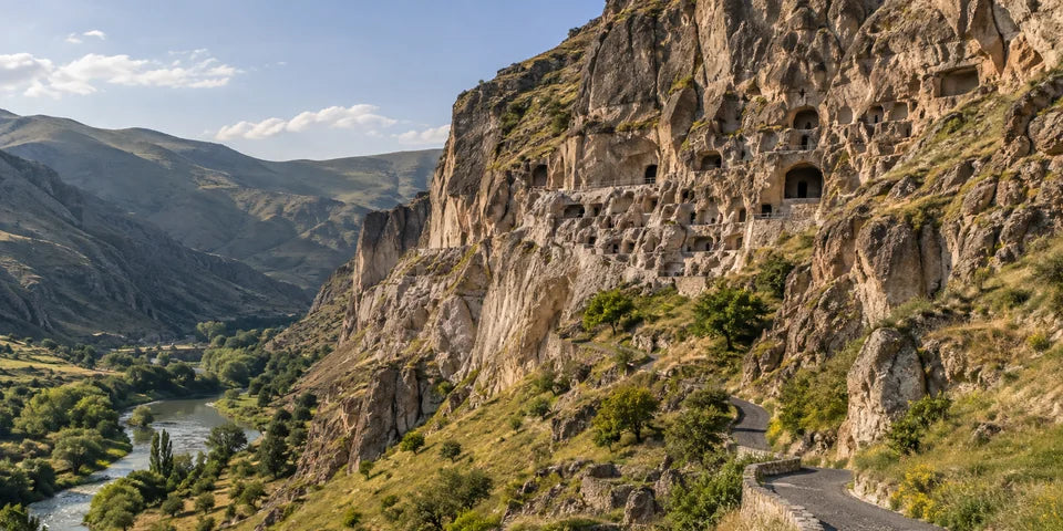 Vardzia cave monastery cut into a tan cliff above the green Mtkvari valley and its access road