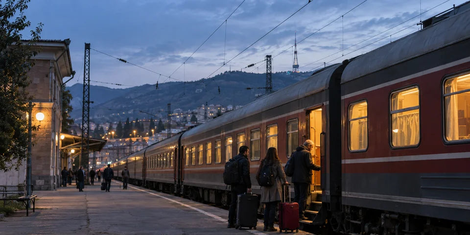 רכבת נוסעים לילית עם חלונות מוארים באור חמים לצד רציף רכבת בקווקז בשעת דמדומים