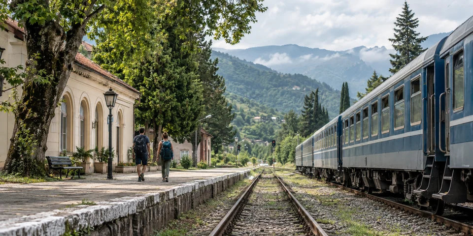 A passenger train and travelers beside a small tree-lined railway station in western Georgia