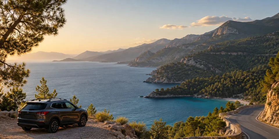 A parked SUV overlooking a winding Turkish Mediterranean coastal road