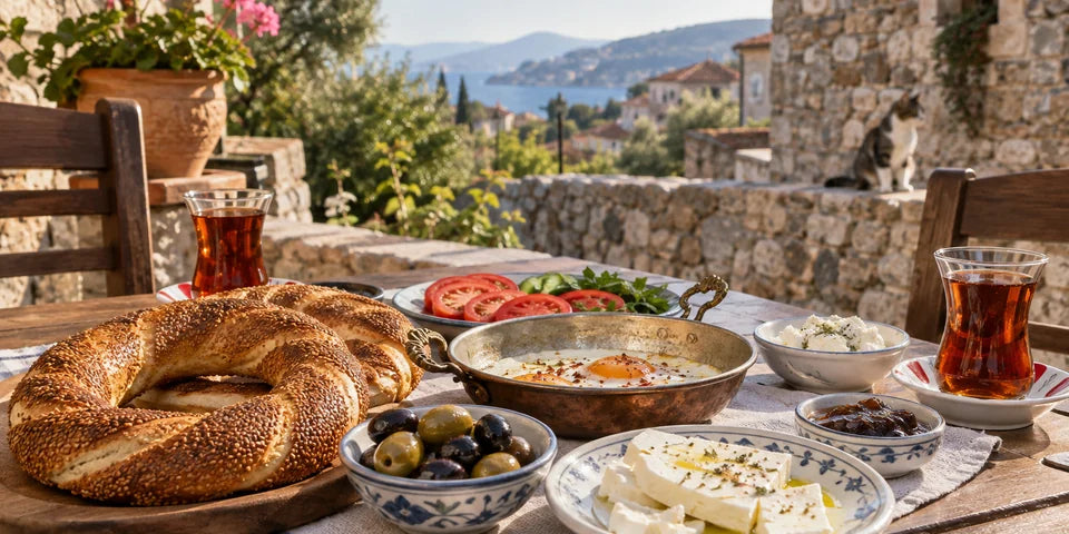 Simit, olives, cheese and tea on a Turkish breakfast table