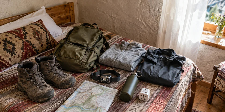 Hiking boots, a daypack, layered clothing and small travel essentials laid out for a trip